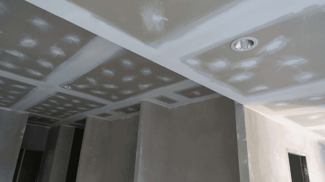 Finished plastered ceiling with downlights, G Lee Plastering